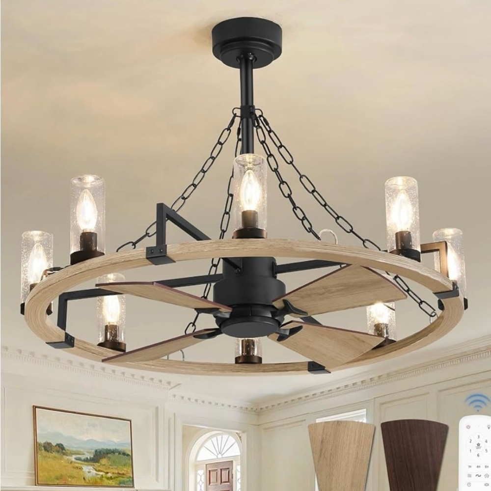 Rustic Farmhouse Chandelier and Fan Multi Functioning with Remote